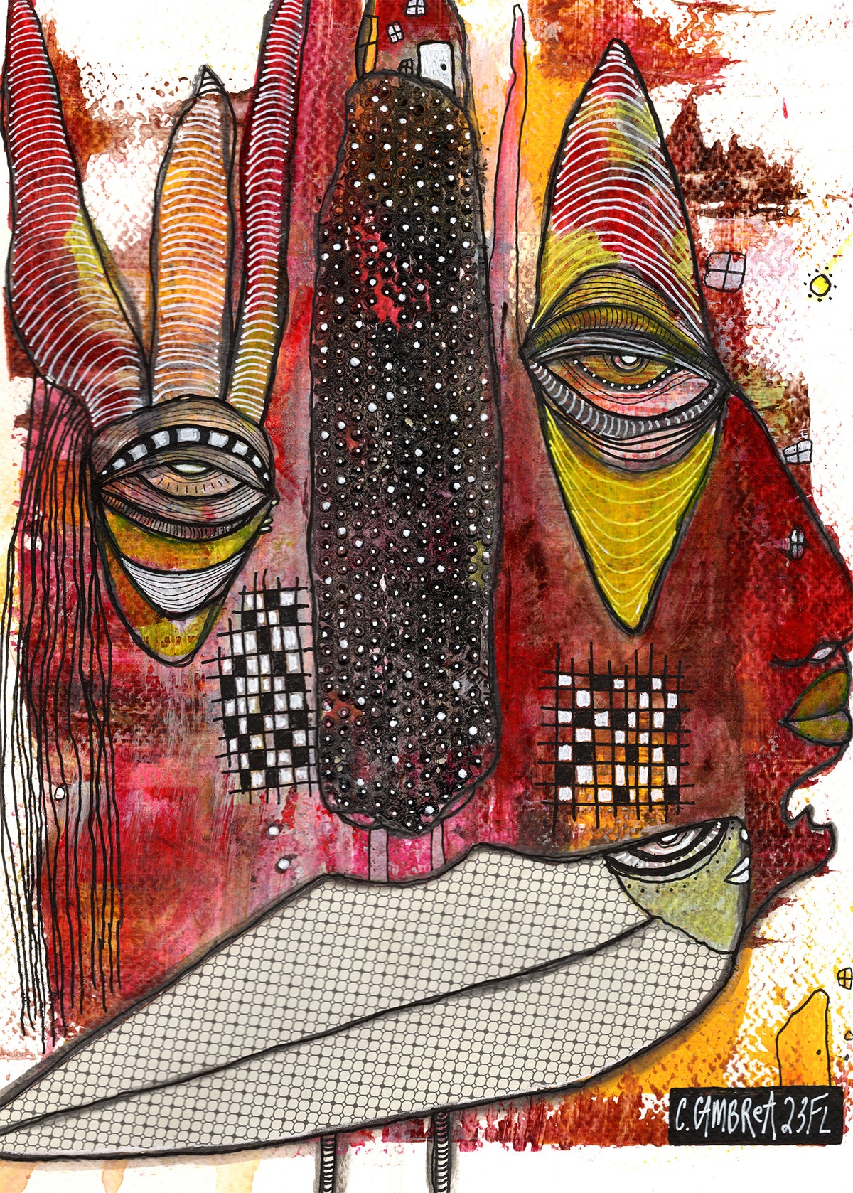 &quot;Red House&quot; Original Mixed Media art on Watercolor Paper