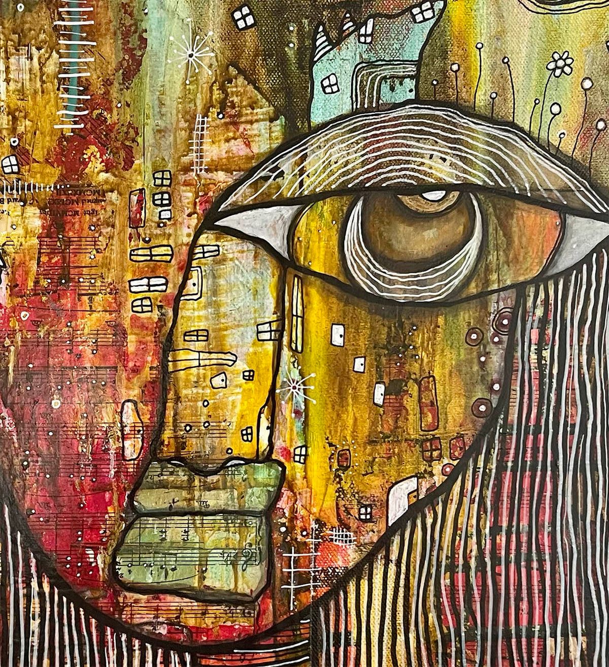 Original Fine Art  on canvas with Vintage Chopin Music Sheets &quot;Stronger by the day&quot;