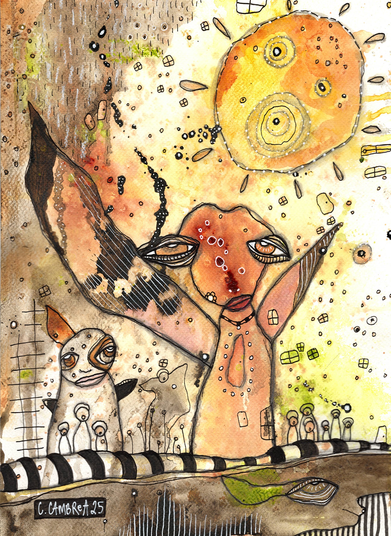 "Shining on Us" Original Mixed Media art on Watercolor Paper