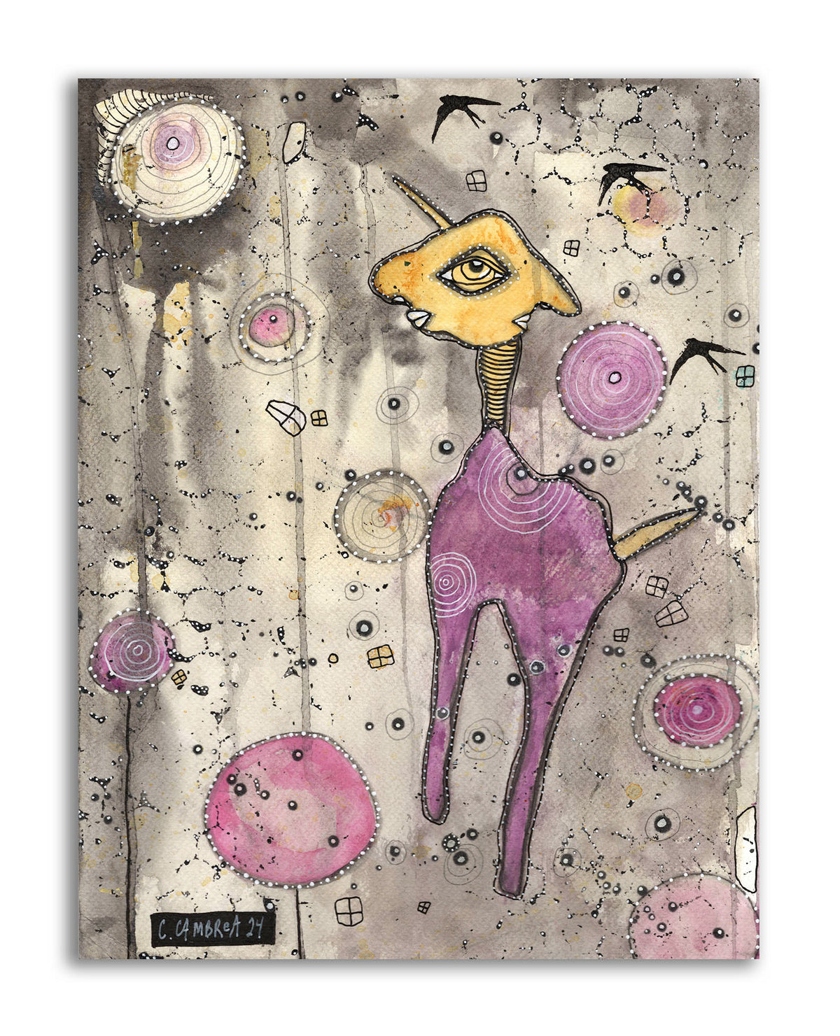 &quot;With the black birds&quot; Original Mixed Media art on Watercolor Paper