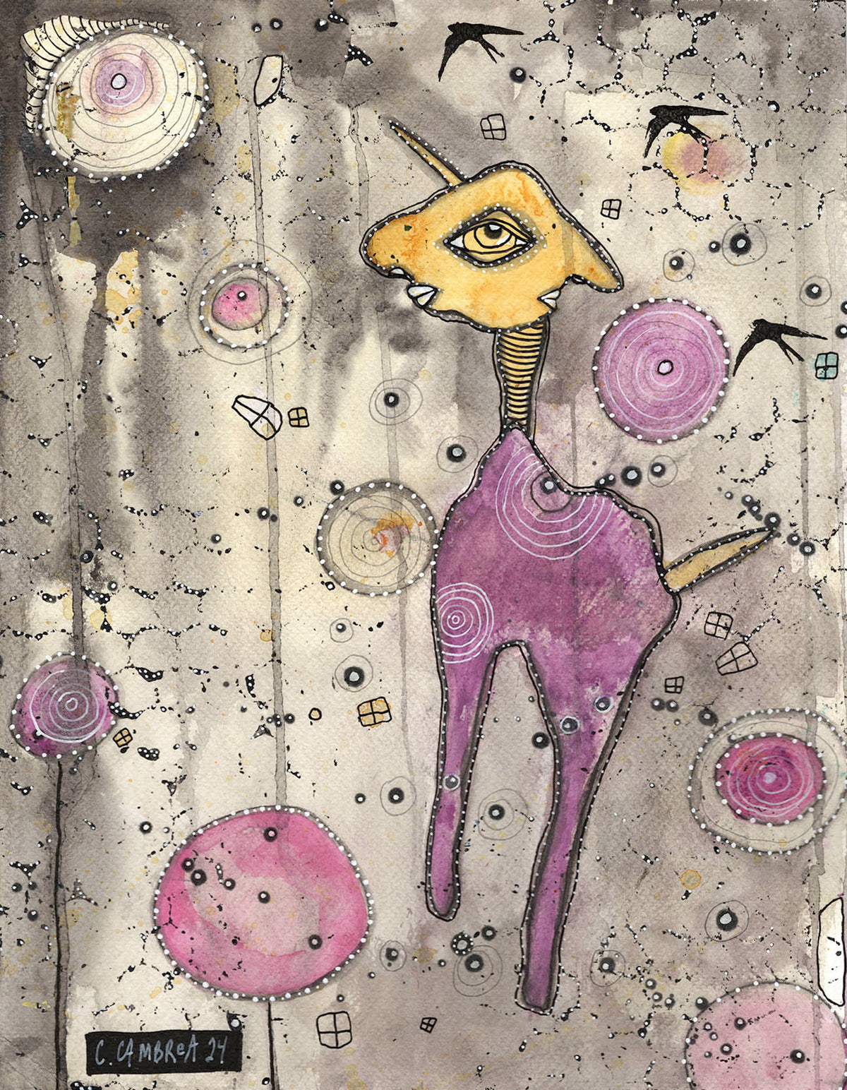 &quot;With the black birds&quot; Original Mixed Media art on Watercolor Paper