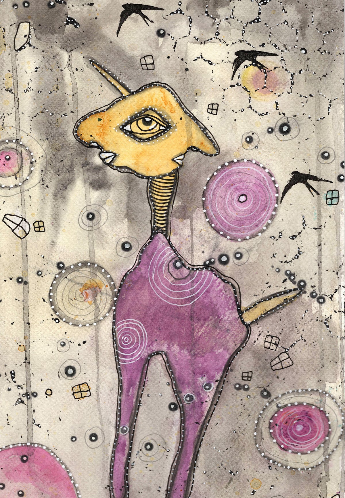 &quot;With the black birds&quot; Original Mixed Media art on Watercolor Paper