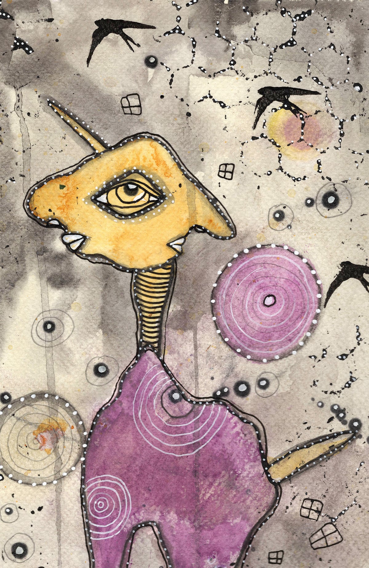 &quot;With the black birds&quot; Original Mixed Media art on Watercolor Paper