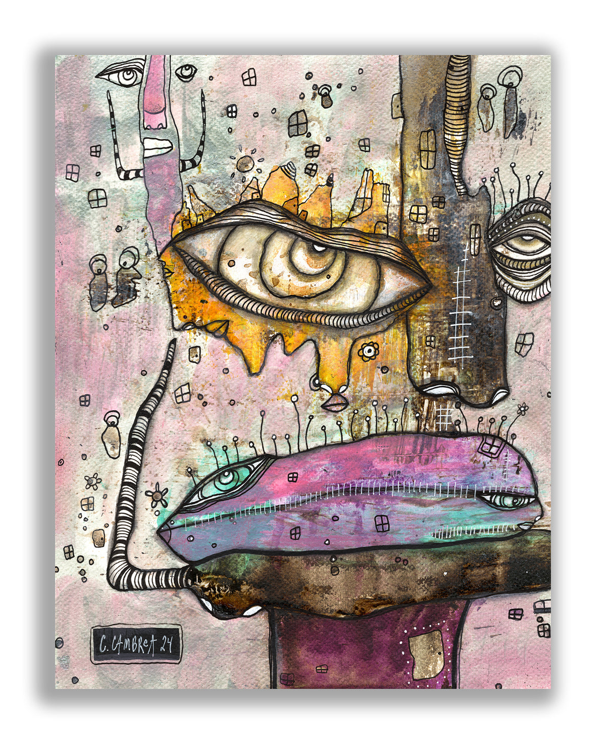 "ZIP IT no more" Original Mixed Media art on Watercolor Paper — close-up