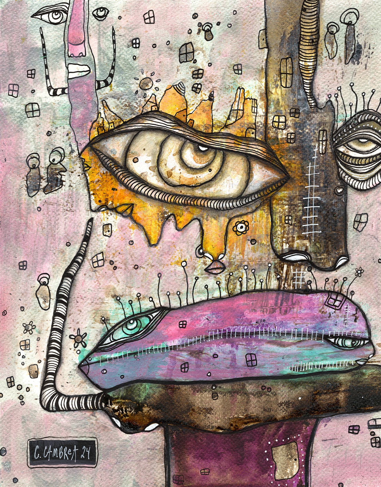 "ZIP IT no more" Original Mixed Media art on Watercolor Paper