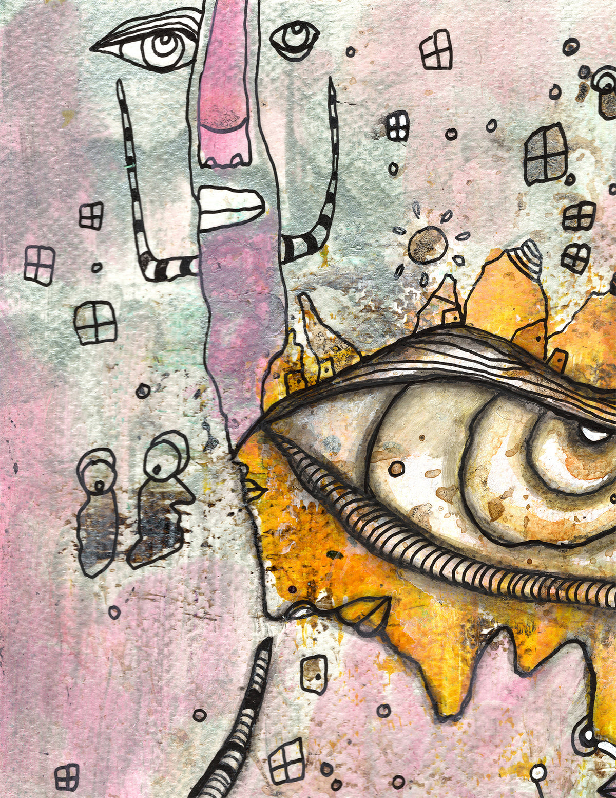 "ZIP IT no more" Original Mixed Media art on Watercolor Paper — detail view