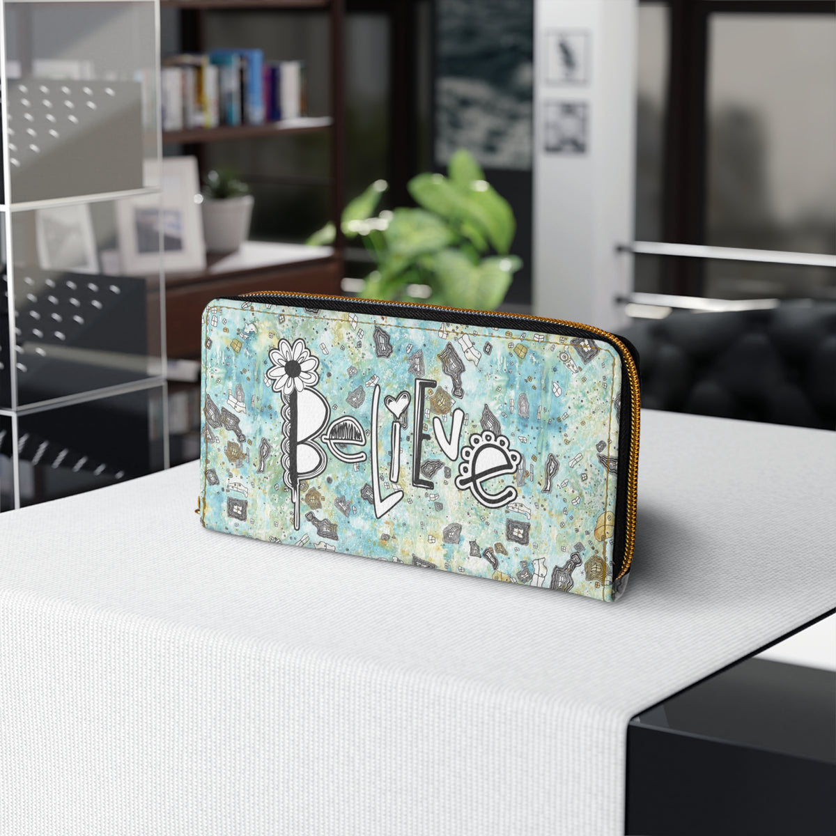 Original &quot;Believe&quot; with Surreal Sky Artwork on Zipper Wallet