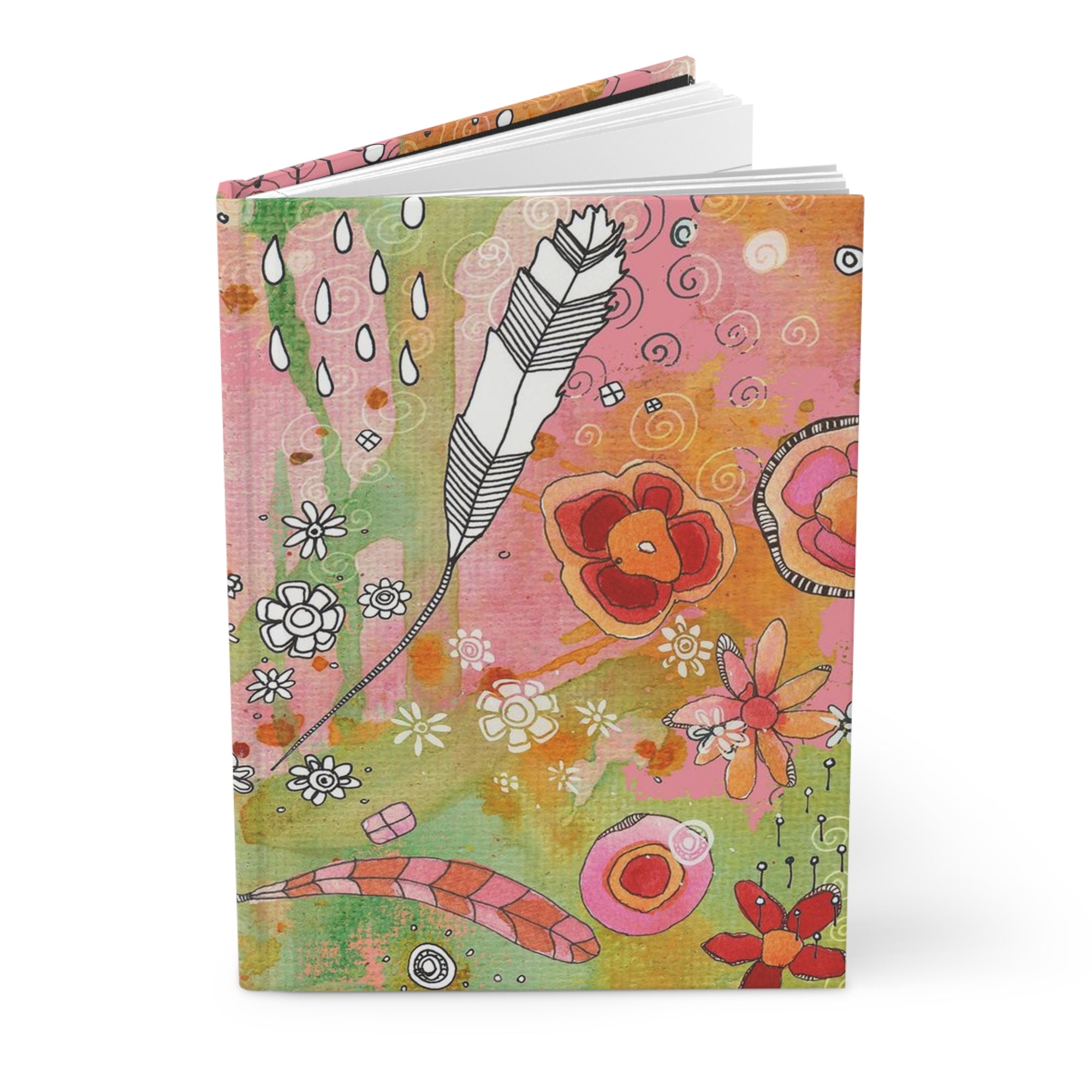 Boho Pink Floral Feathers Hardcover Journal "Feathers Flowers Showers"