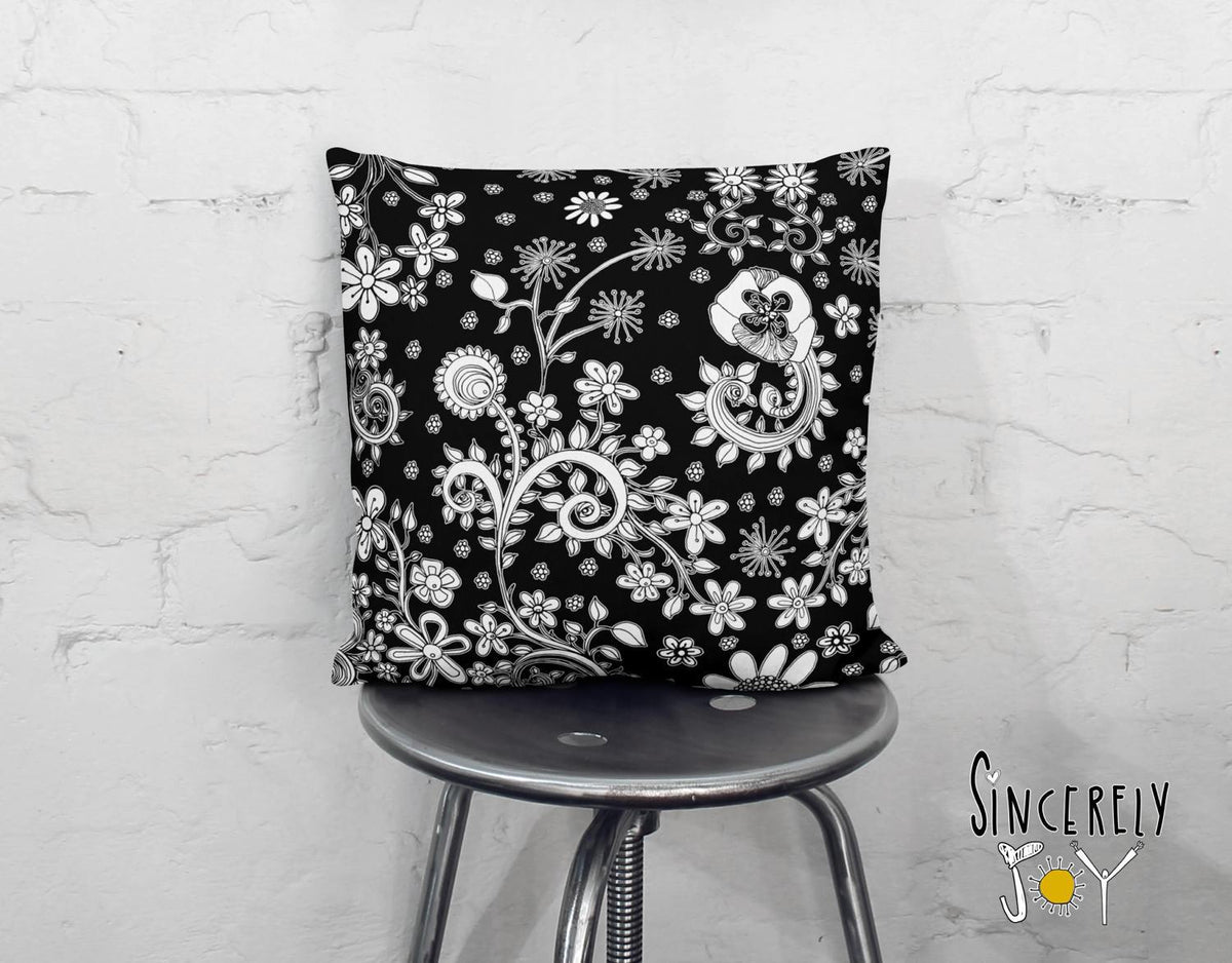 Black and white floral throw pillow