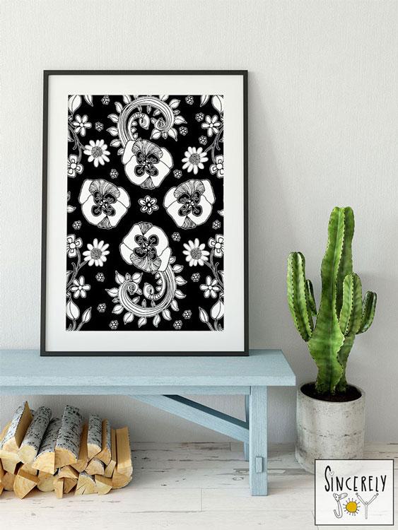 Art Print Download Black and White Birds of a FLower
