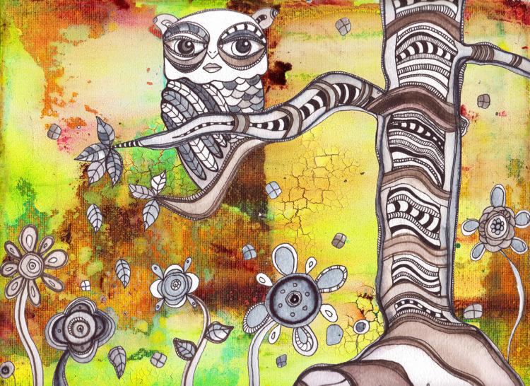 mixed media Surreal Owl Art II