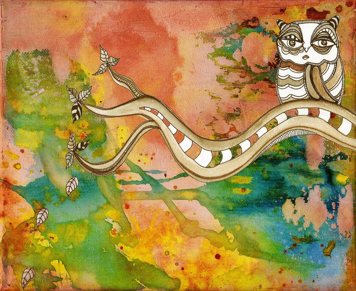 owl pink mixed media art notecard