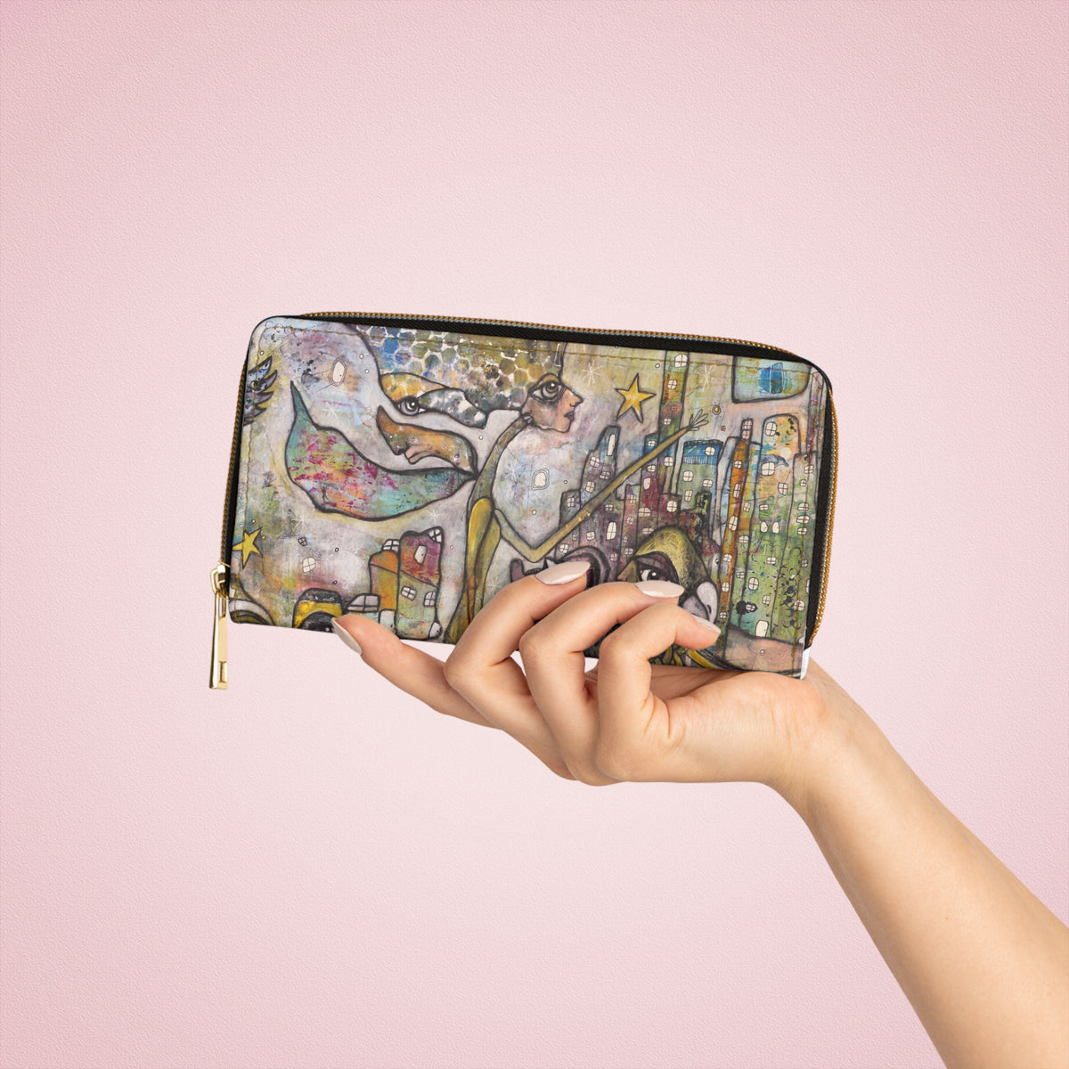 Original Art on Zipper Wallet Intuitive Mixed Media Artwork &quot;City Creatures&quot;