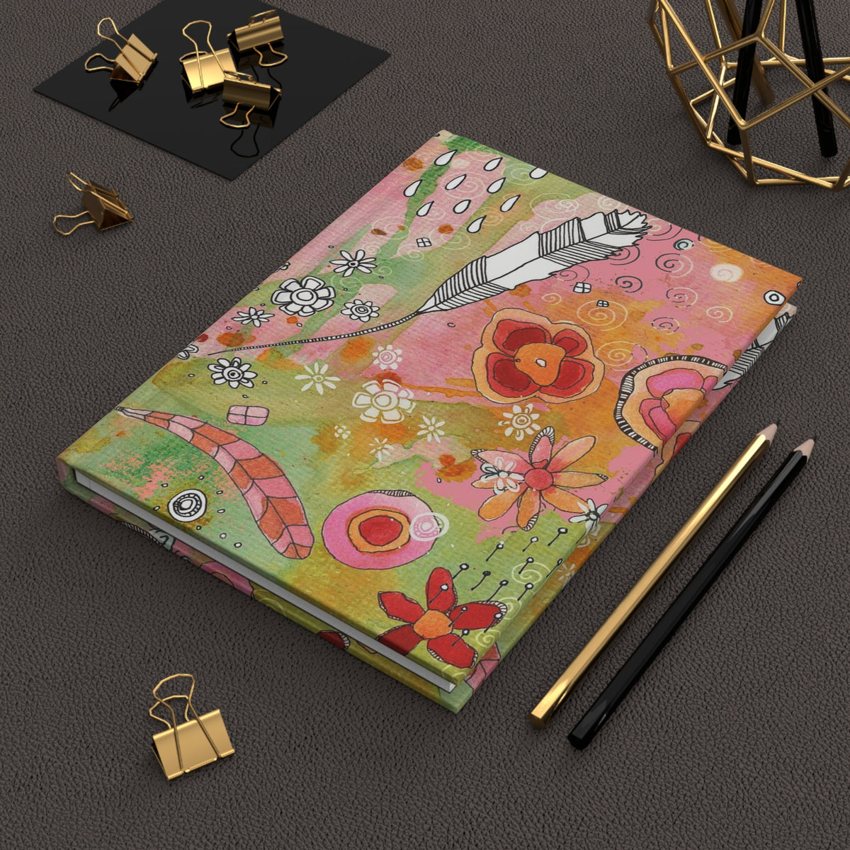 Boho Pink Floral Feathers Hardcover Journal &quot;Feathers Flowers Showers&quot;