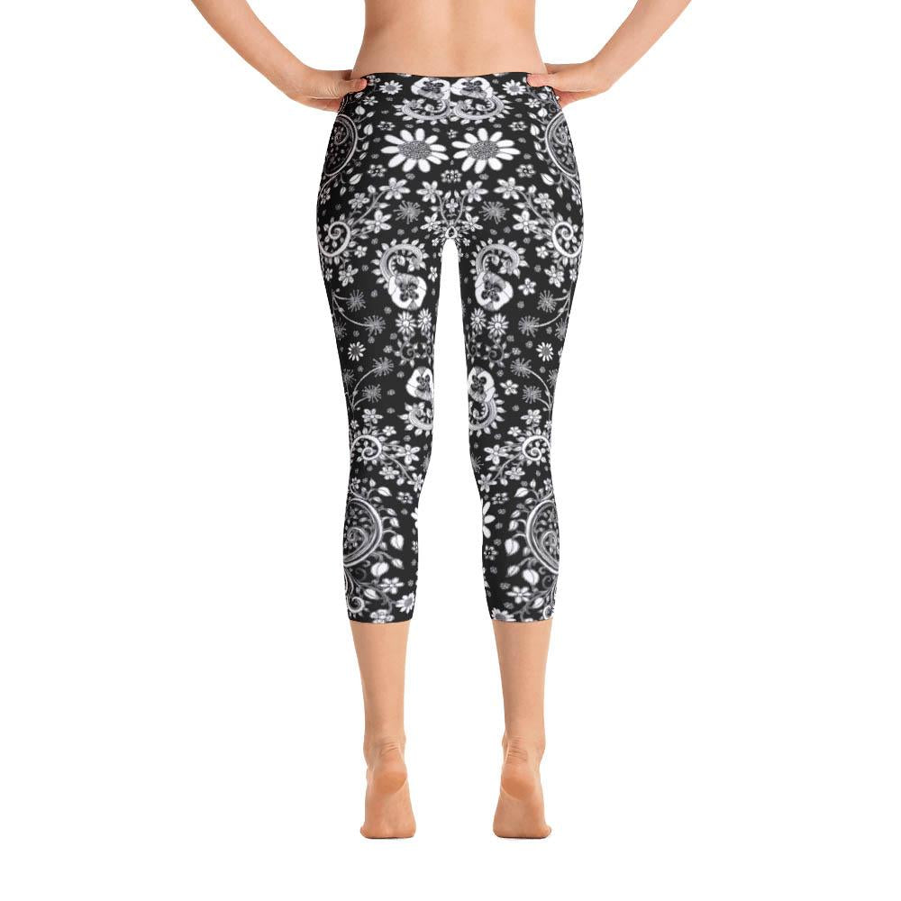 Abstract Capri leggings, Workout Pants &#39;Black Birds of a Flower&#39;