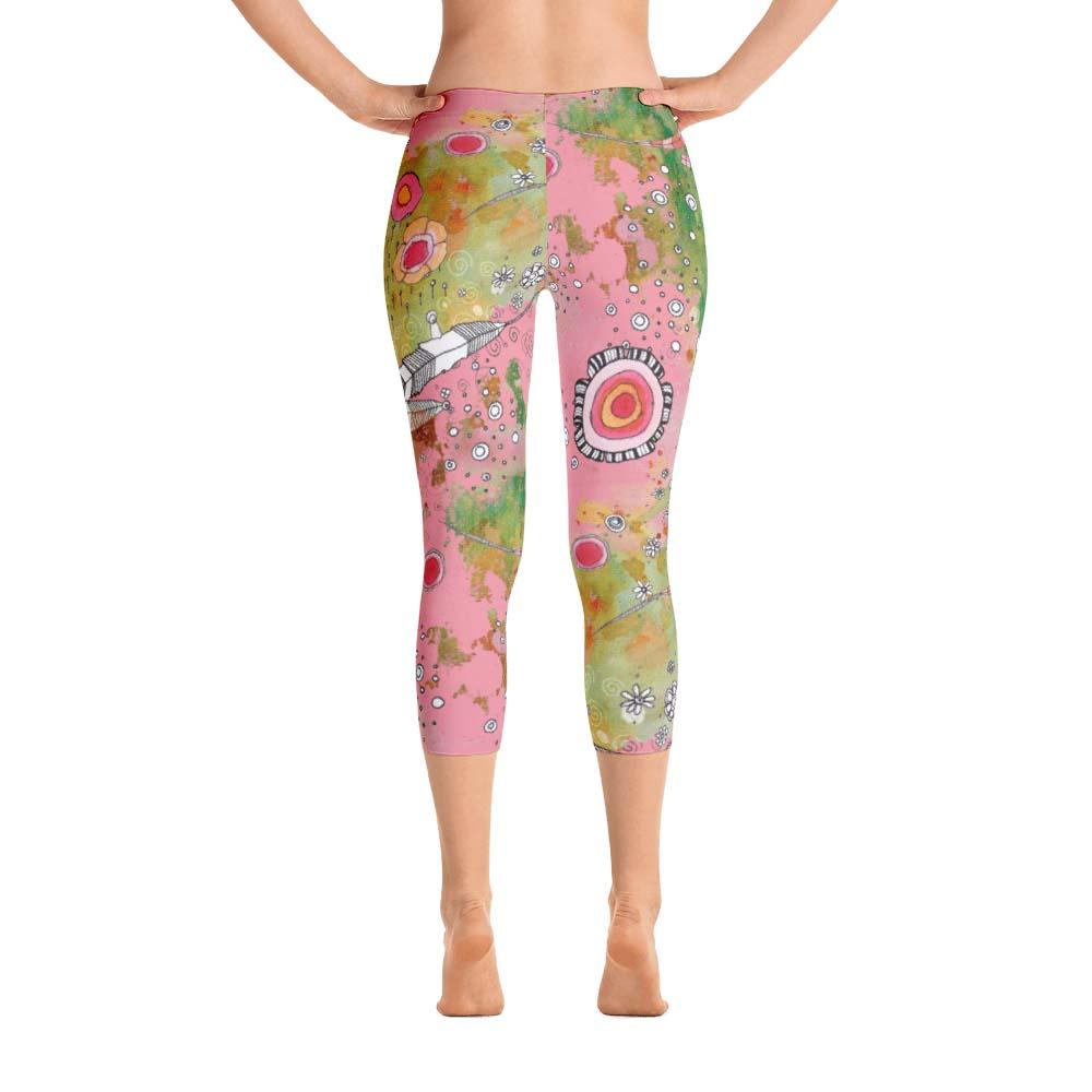 Abstract Capri leggings, Workout Pants &#39;Pink Feathers, Flowers, Showers&#39;