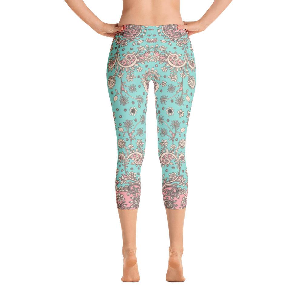 Abstract Capri leggings, Workout Pants &#39;Teal Birds of a Flower&#39;