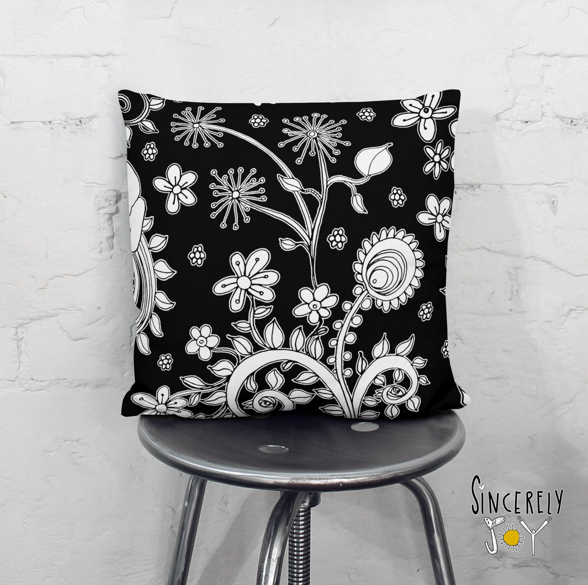 Black and white floral throw pillow