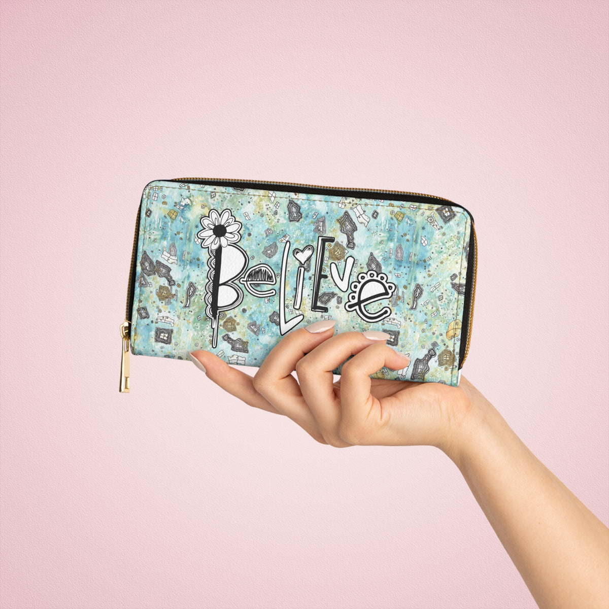 Original &quot;Believe&quot; with Surreal Sky Artwork on Zipper Wallet