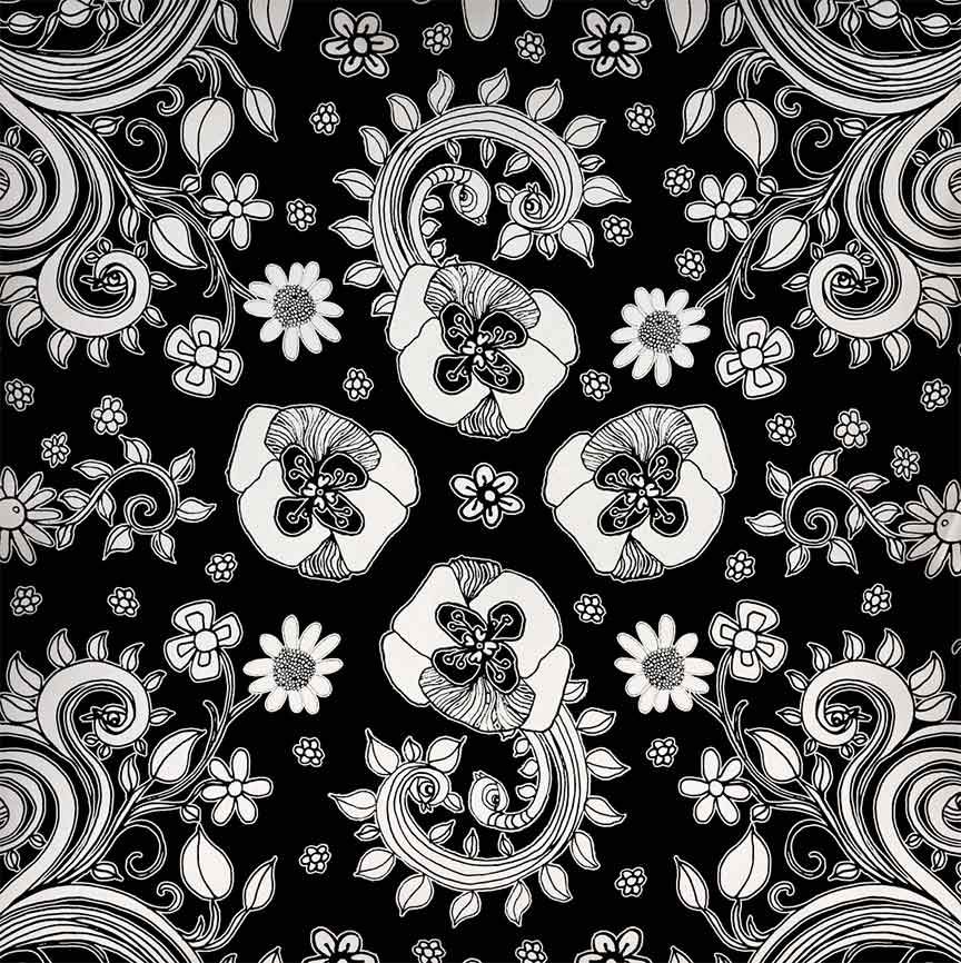 Floral throw pillow black white design illustration.