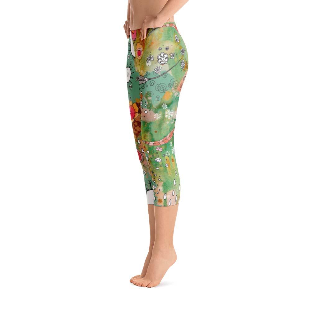 Abstract Capri leggings, Workout Pants 'Teal Birds of a Flower' - Sincerely  Joy