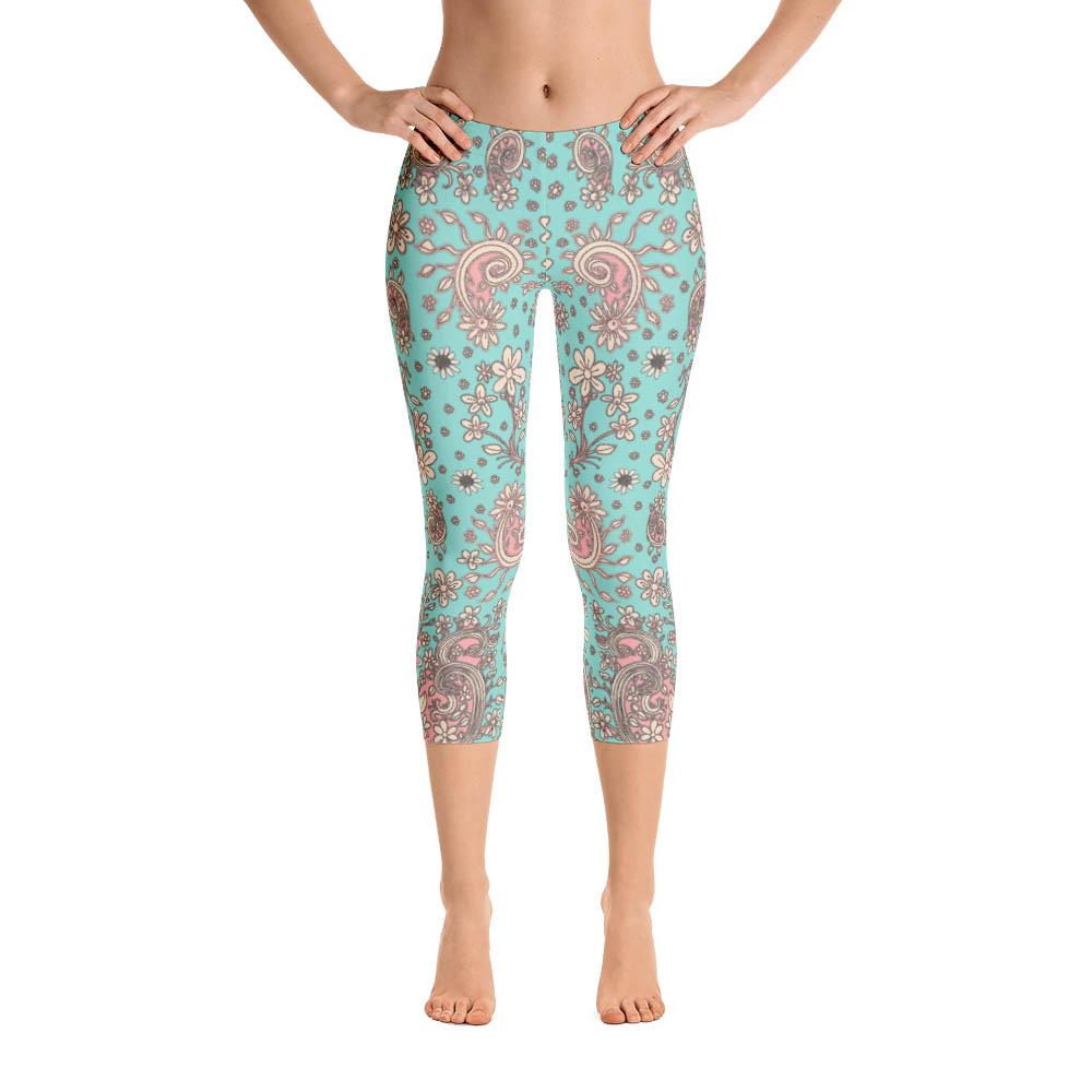 Abstract Capri leggings, Workout Pants 'Teal Birds of a Flower