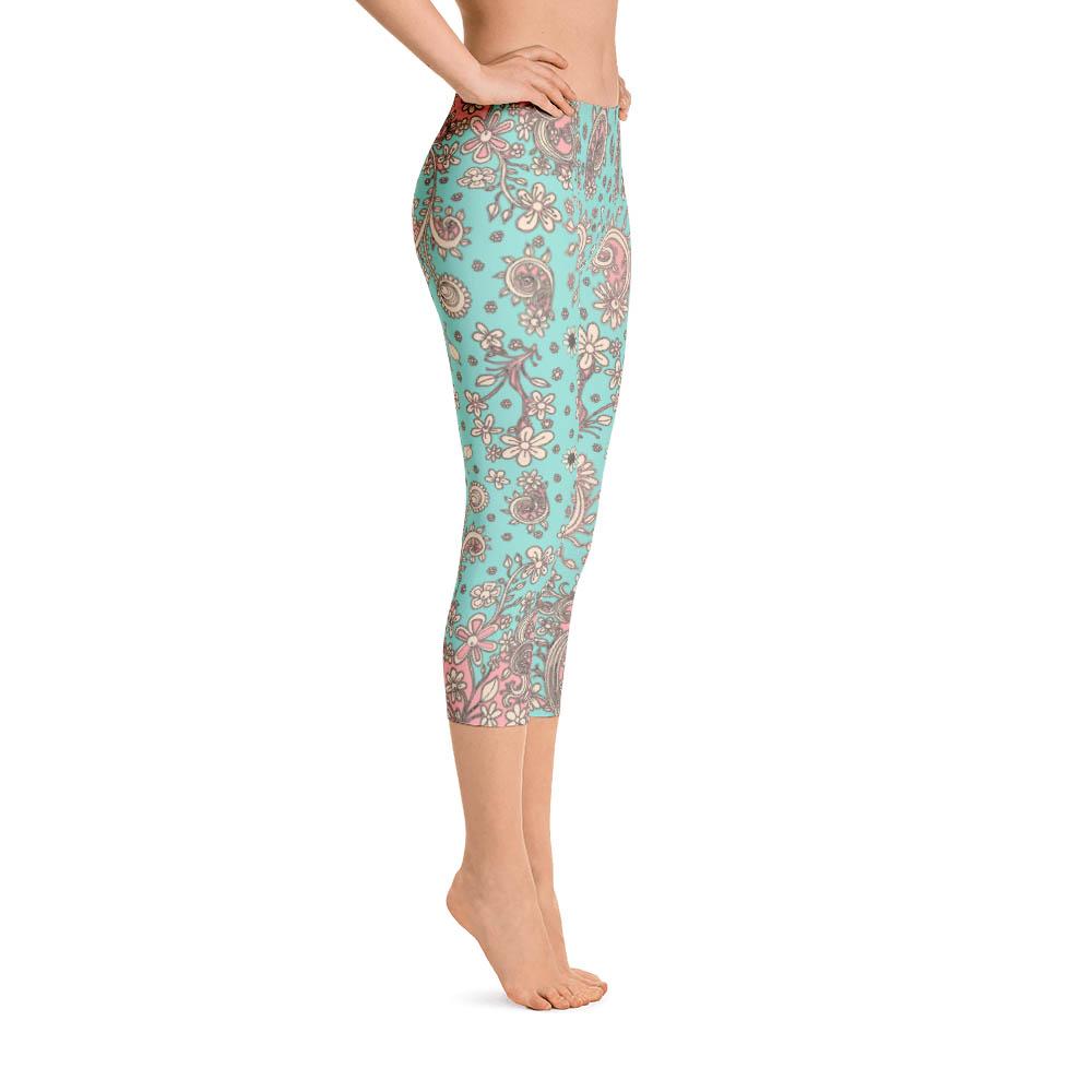 Abstract Capri leggings, Workout Pants &#39;Teal Birds of a Flower&#39;