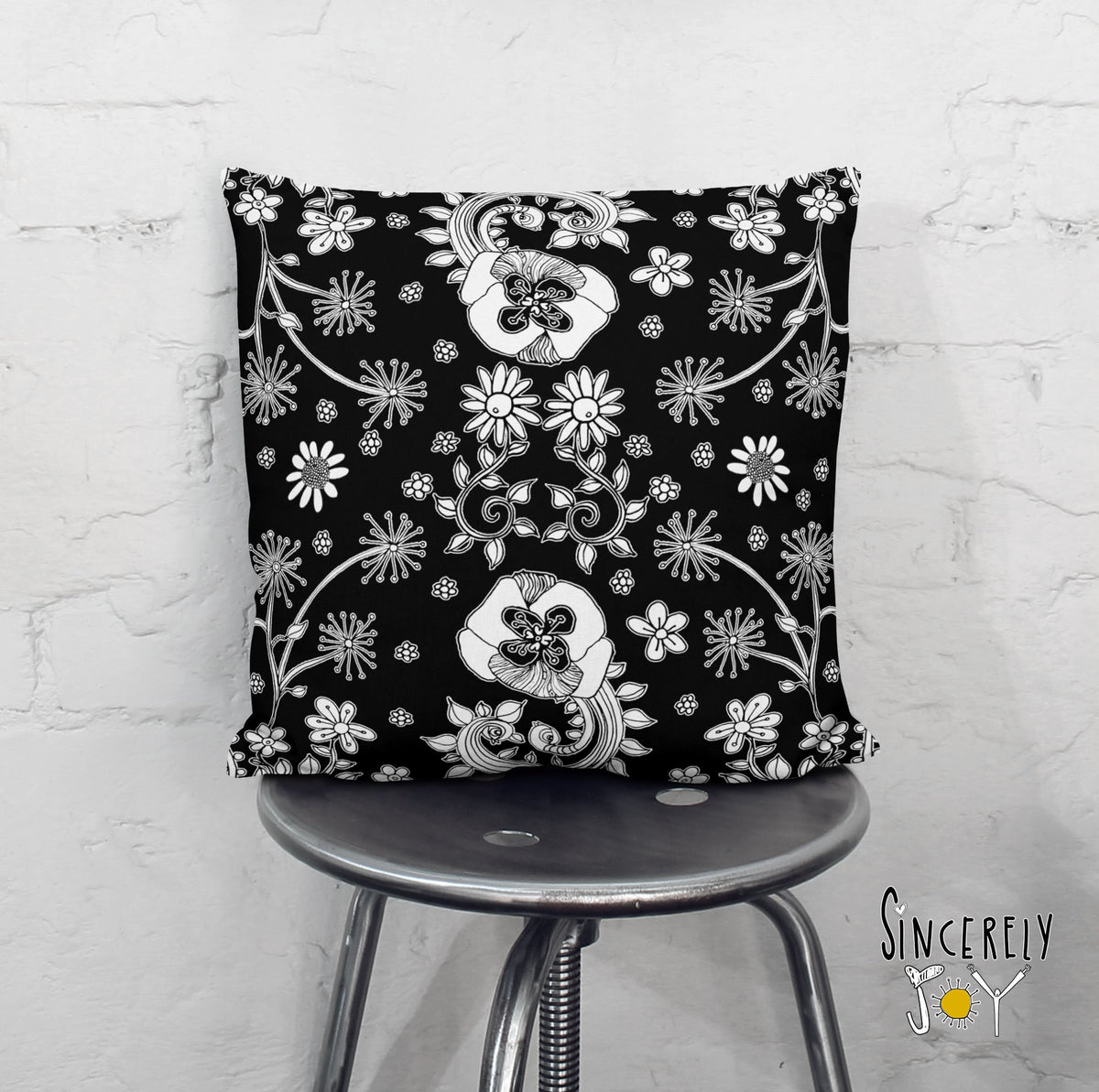 Black White floral throw pillow