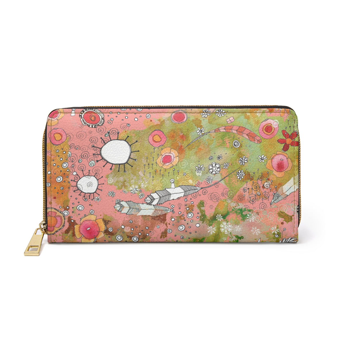Boho Pink Zipper Wallet &quot;Feathers Flowers Showers in pink&quot;