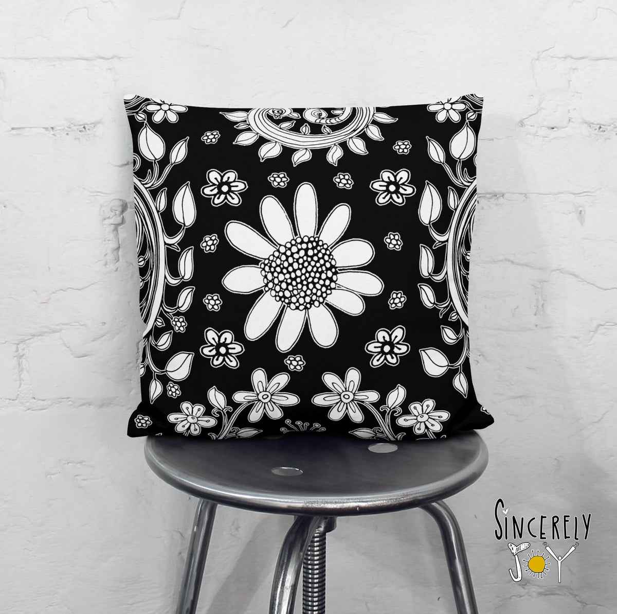 Black White floral throw pillow