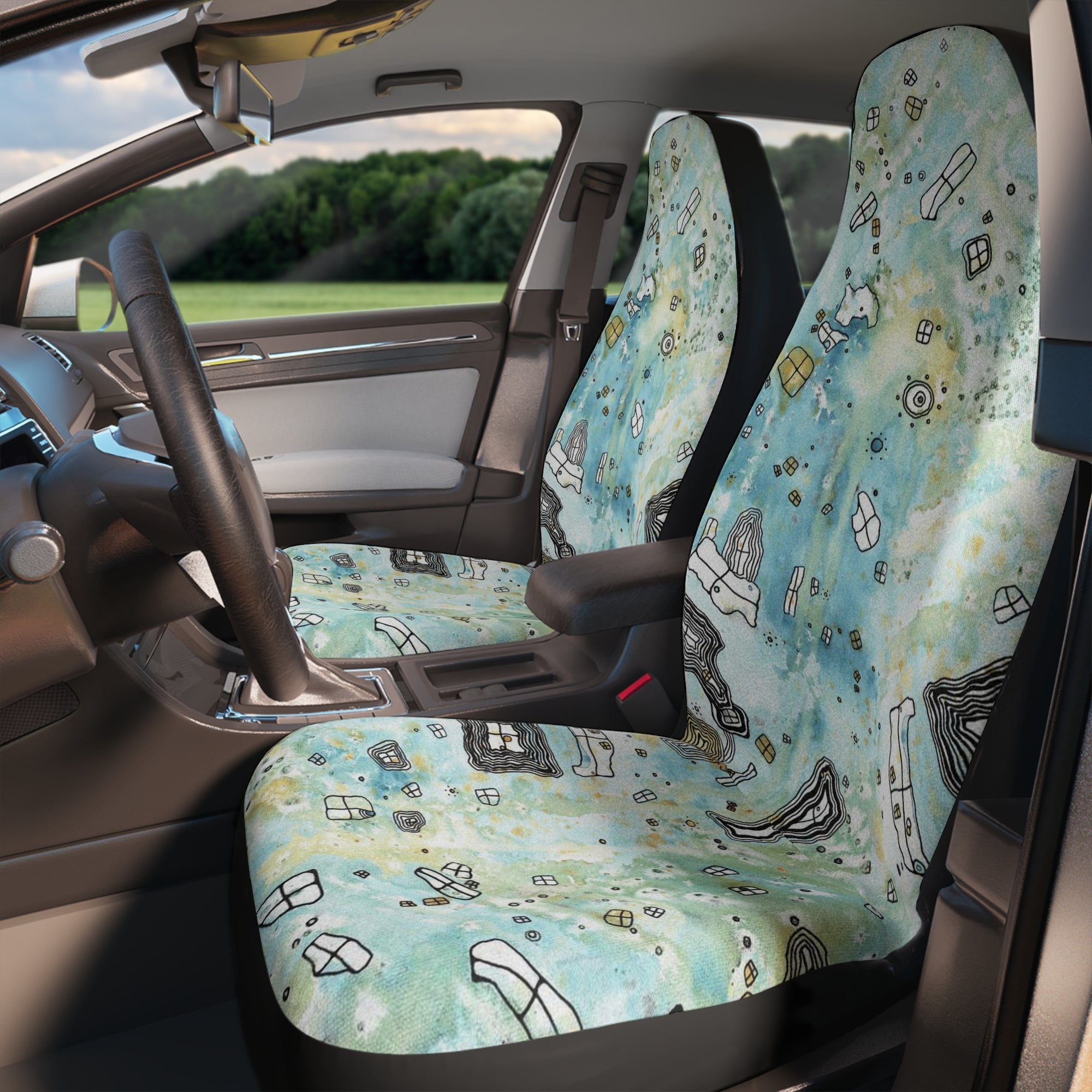 Original Whimsical Art on Car Seat Covers "Surreal Sky"