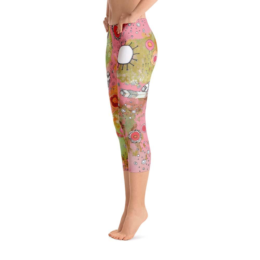 Abstract Capri leggings, Workout Pants &#39;Pink Feathers, Flowers, Showers&#39;