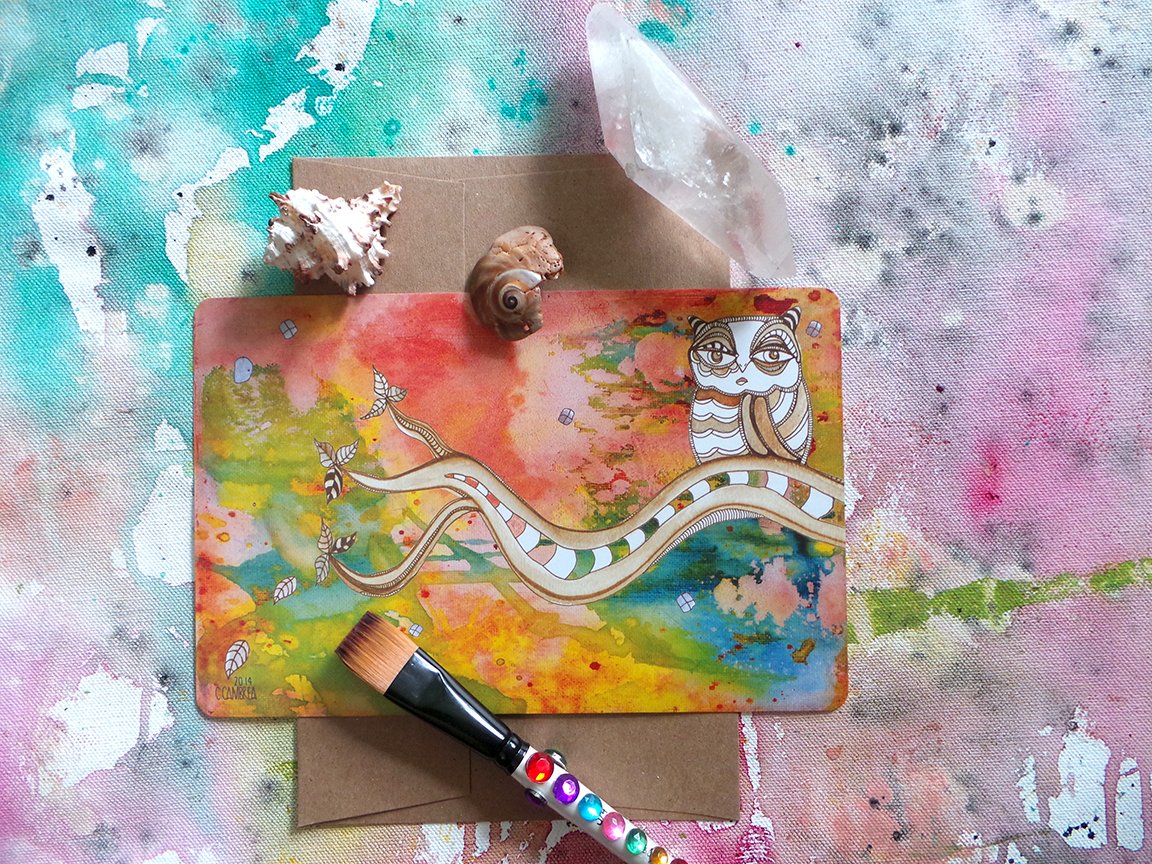 note card surreal owl painting