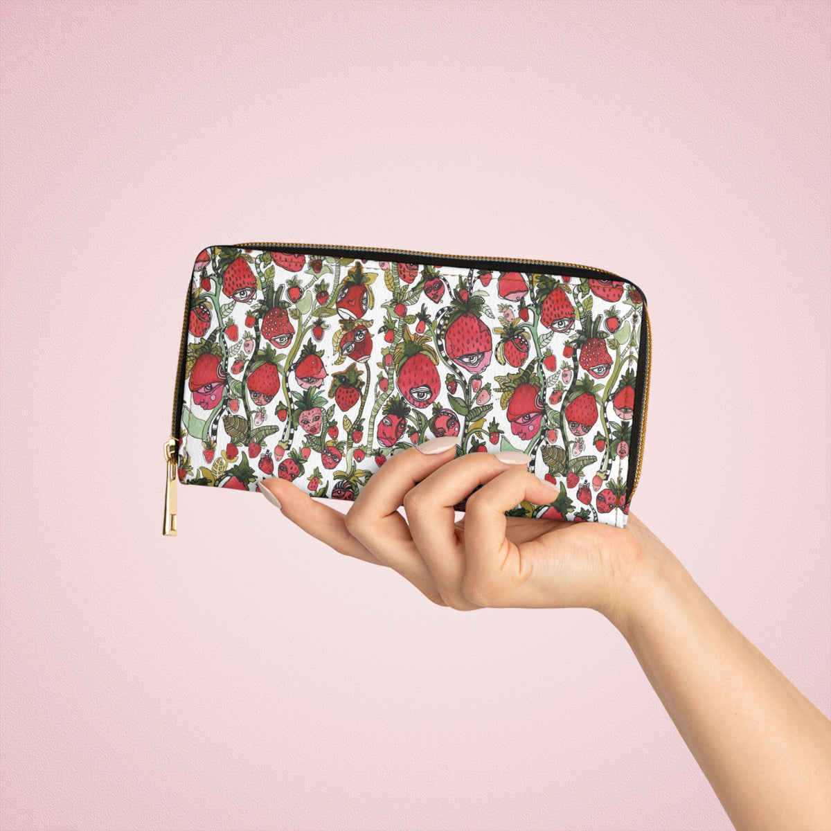 Original Strawberries Art on Zipper Wallet &quot;Strawberry Friends in white&quot;