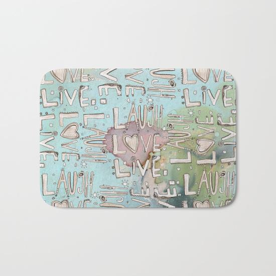 Bath Mat &#39;Laugh. Love. Live. Organic in Blue II&#39;