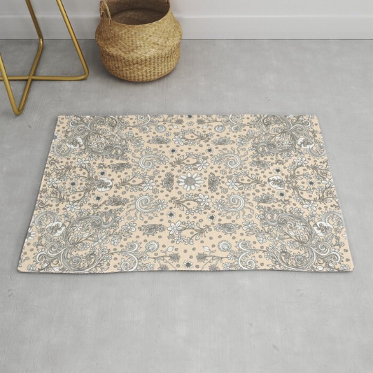 Area Rug &#39;Beige Flora Birds&#39;