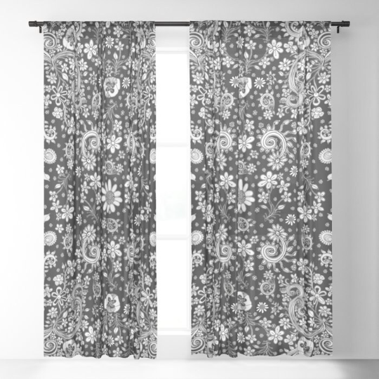 Window Curtains &quot;Birds of a Flower BW&quot;