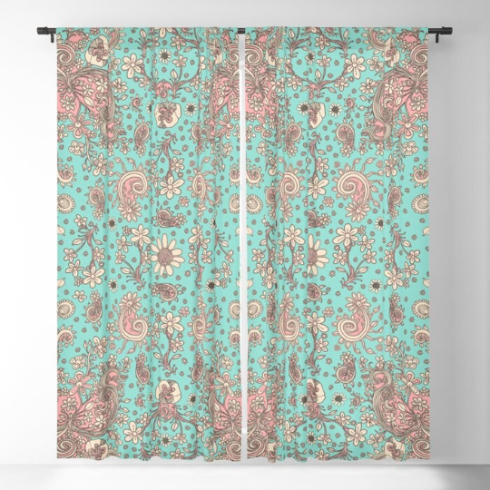 Window Curtains "Birds of a Flower in Teal"