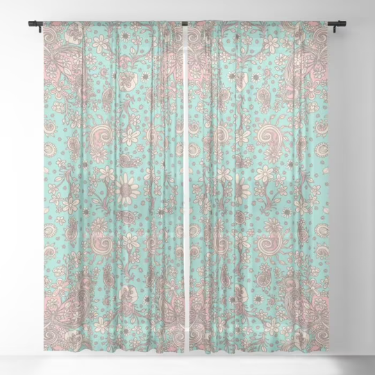Window Curtains &quot;Birds of a Flower in Teal&quot;