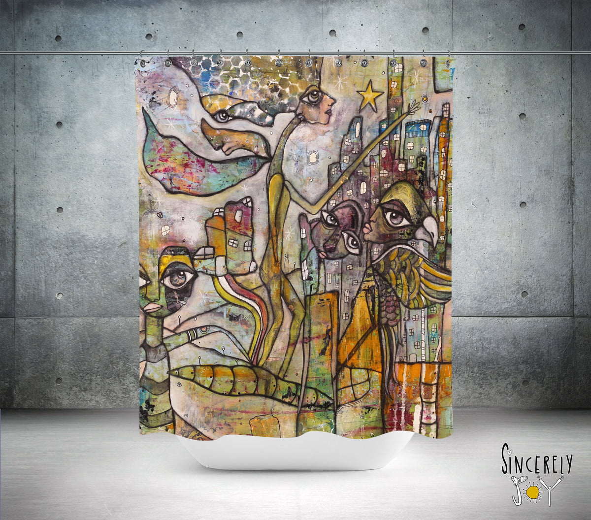 Abstract Mixed Media Shower Curtain &#39;City Creatures&#39;