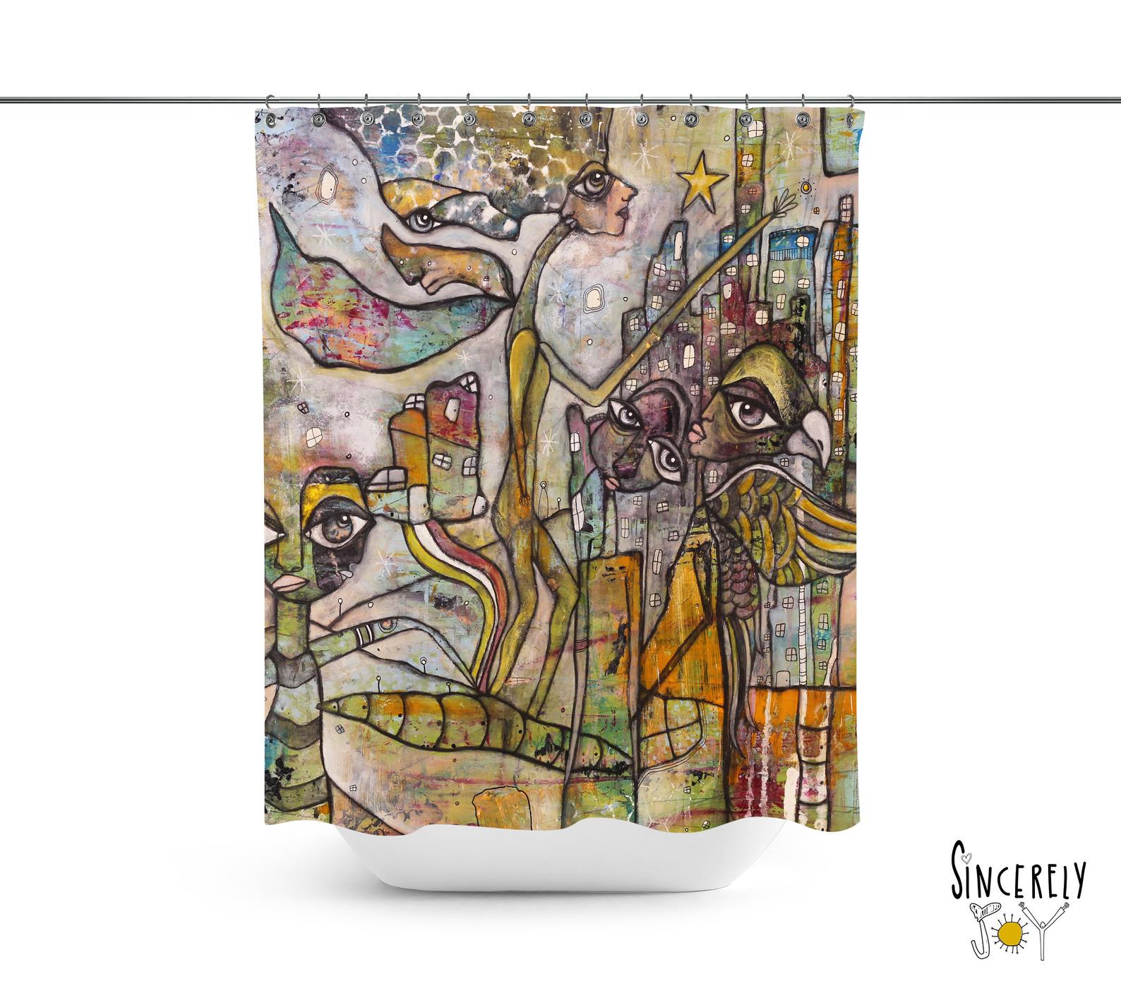 Abstract Mixed Media Shower Curtain 'City Creatures'