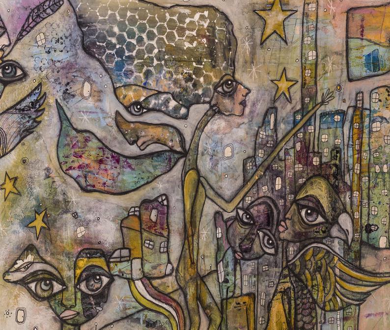 Abstract Mixed Media Shower Curtain &#39;City Creatures&#39;