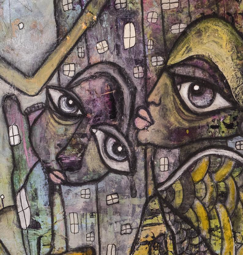 Abstract Mixed Media Shower Curtain &#39;City Creatures&#39;