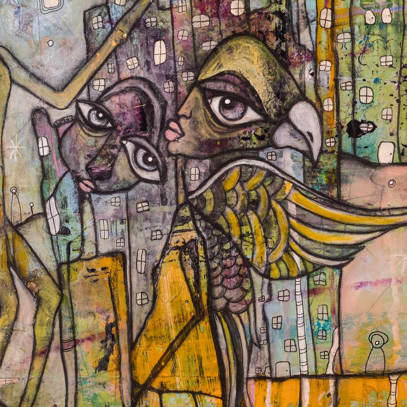 Abstract Mixed Media Shower Curtain &#39;City Creatures&#39;