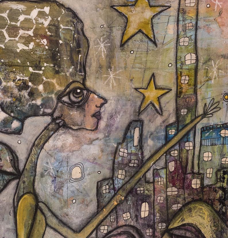 Abstract Mixed Media Shower Curtain &#39;City Creatures&#39;