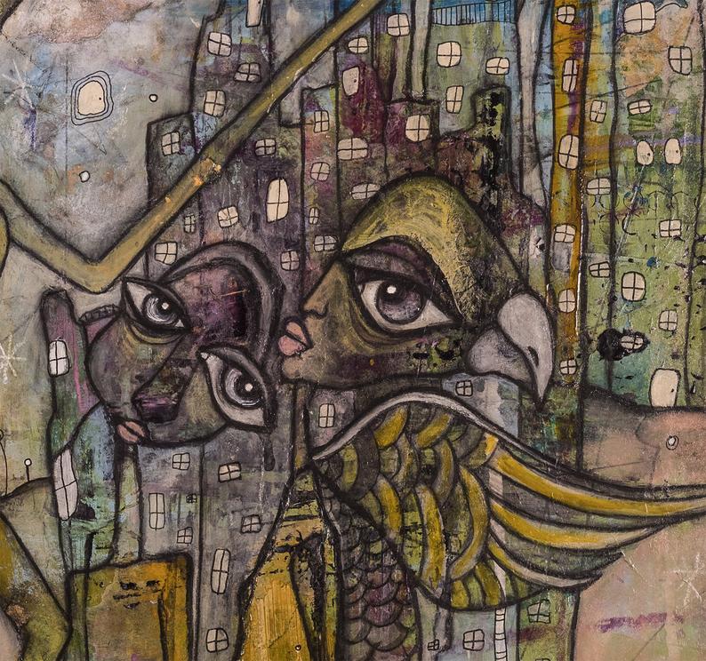 Abstract Mixed Media Shower Curtain &#39;City Creatures&#39;
