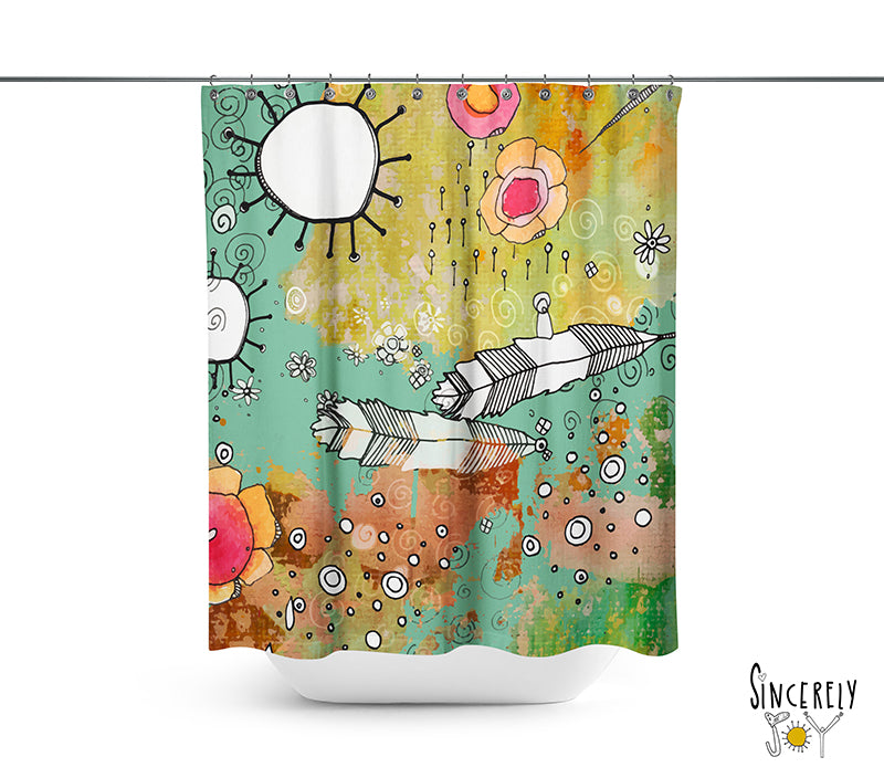 Colorful Abstract Bohemian Shower Curtain 'Feathers, Flowers, Showers'
