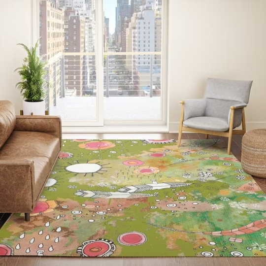 Area Rug 'Feathers Flowers Showers in Green'