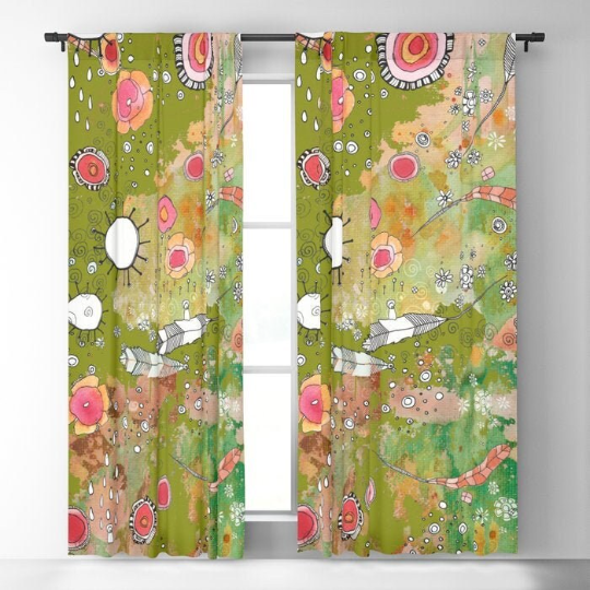 Window Curtains &quot;Feathers, Flowers, Showers in green&quot;