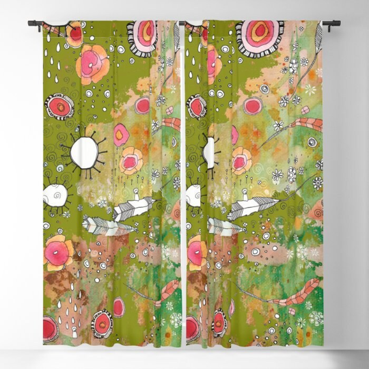 Window Curtains &quot;Feathers, Flowers, Showers in green&quot;